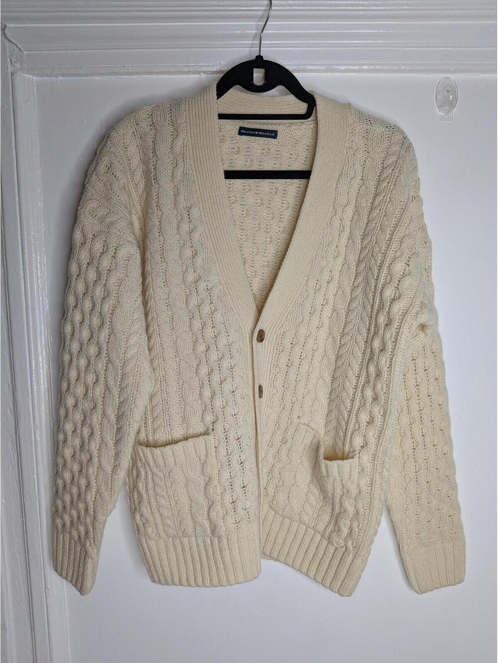 Brandy Melville Sweater Cardigan Womens One Size White Cable Knit Wool Pockets